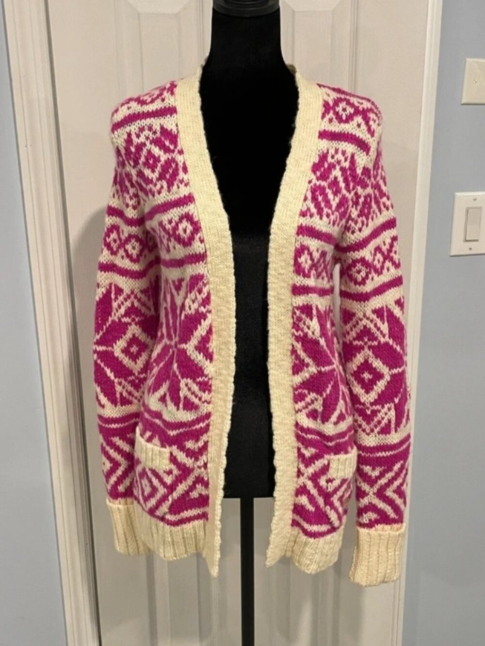 Juicy Couture Women's Pink White Chunky Knit Open Front Cardigan XL